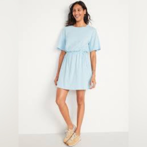 Old Navy T Shirt Dress Waist-Defined Short Sleeve Slub-Knit Mini Blue Large Tall - Picture 1 of 16